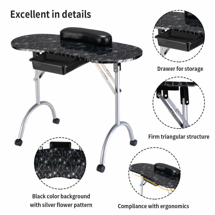 Foldable Portable Manicure Table with Drawer Casters and Cushion