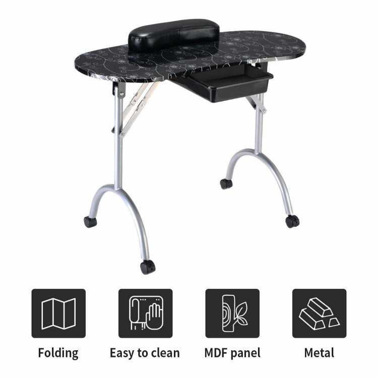 Foldable Portable Manicure Table with Drawer Casters and Cushion