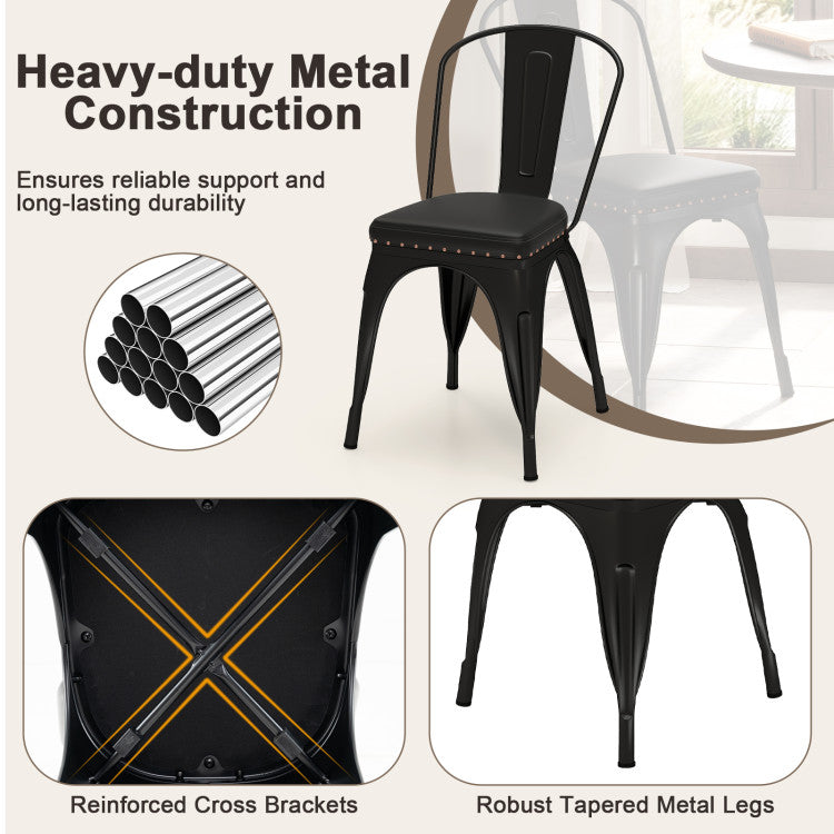 Metal Dining Chair Set of 4 Stackable Kitchen Chairs with Removable Backs and PU Leather Cushioned Seat