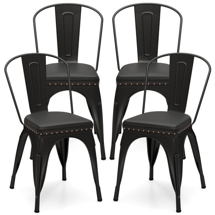 Metal Dining Chair Set of 4 Stackable Kitchen Chairs with Removable Backs and PU Leather Cushioned Seat
