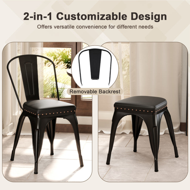 Metal Dining Chair Set of 4 Stackable Kitchen Chairs with Removable Backs and PU Leather Cushioned Seat