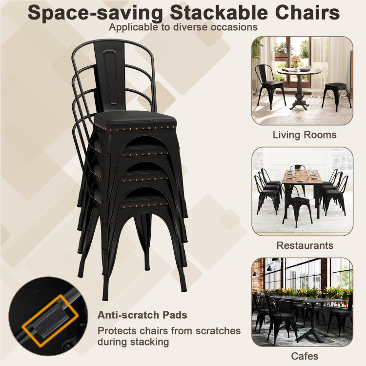 Metal Dining Chair Set of 4 Stackable Kitchen Chairs with Removable Backs and PU Leather Cushioned Seat