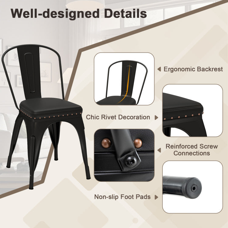 Metal Dining Chair Set of 4 Stackable Kitchen Chairs with Removable Backs and PU Leather Cushioned Seat