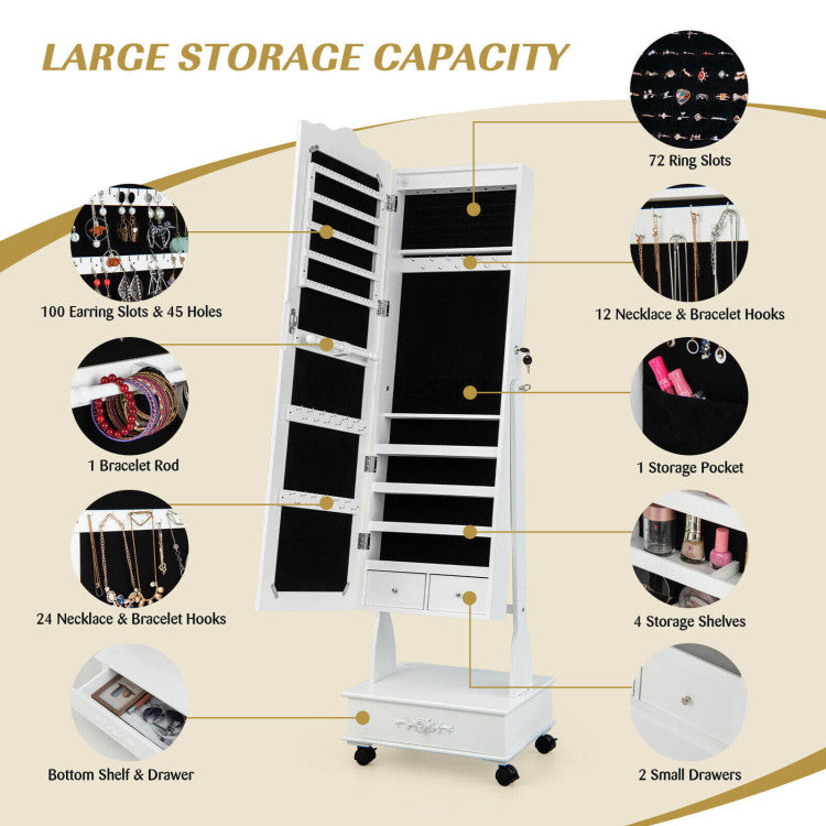 Rolling Floor Standing Mirrored Jewelry Armoire with Lock and Drawers