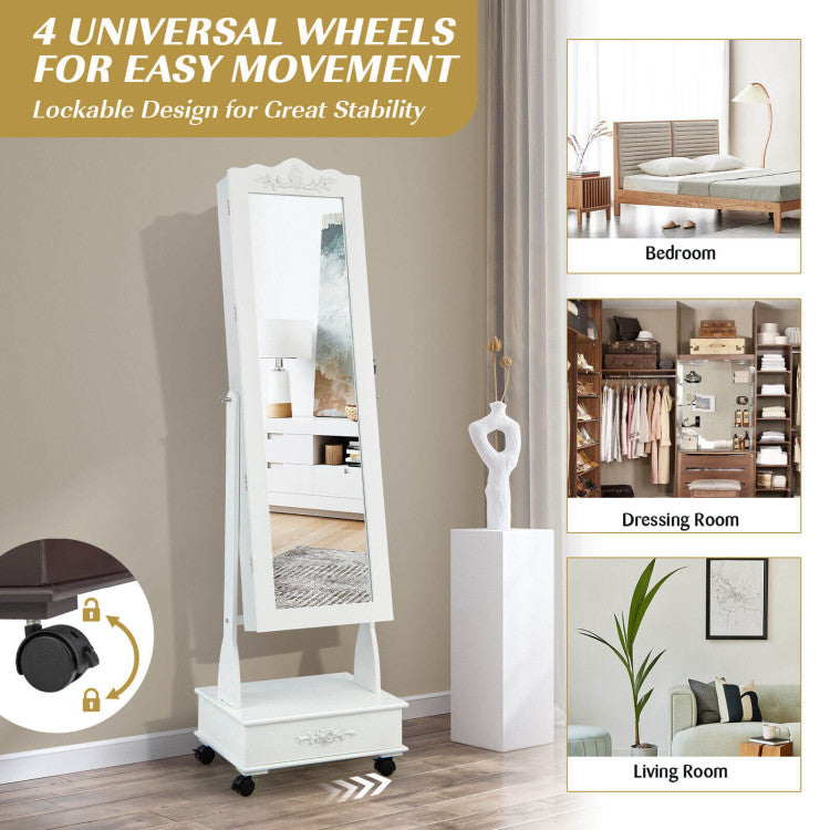 Rolling Floor Standing Mirrored Jewelry Armoire with Lock and Drawers