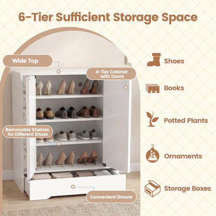 Mirrored Shoe Cabinet 4-Tier Shoe Organizer with Large Drawer