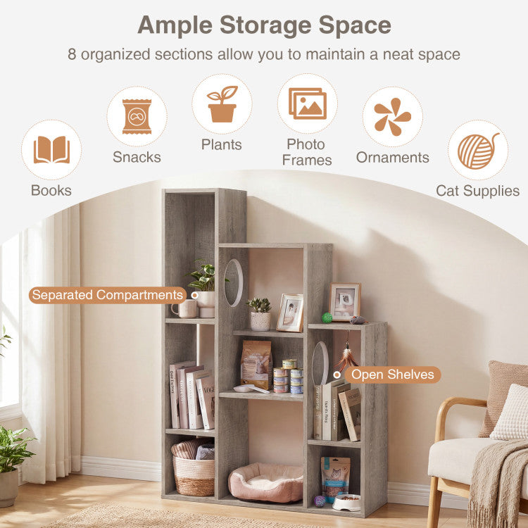 Modern Cat Bookshelf Cat Tree 8-Section Storage Cabinet with 2 Round Holes