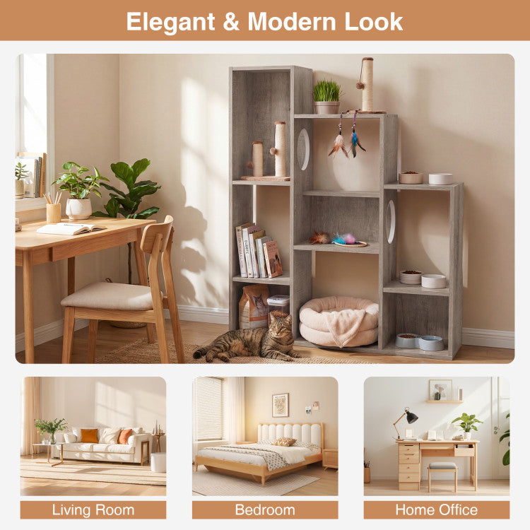 Modern Cat Bookshelf Cat Tree 8-Section Storage Cabinet with 2 Round Holes