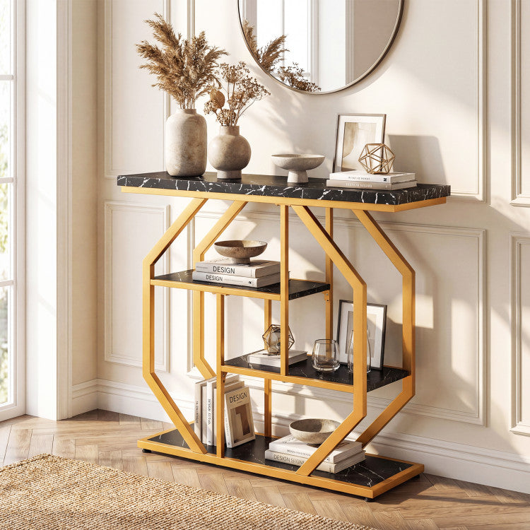 Modern Sofa Table Behind Couch 4-Tier Console Table with Faux Marble Tabletop