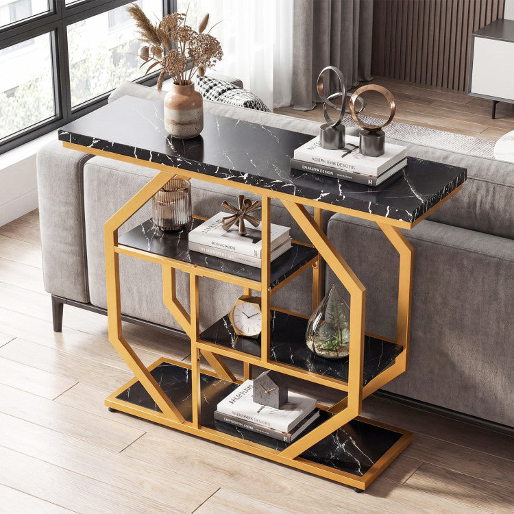 Modern Sofa Table Behind Couch 4-Tier Console Table with Faux Marble Tabletop