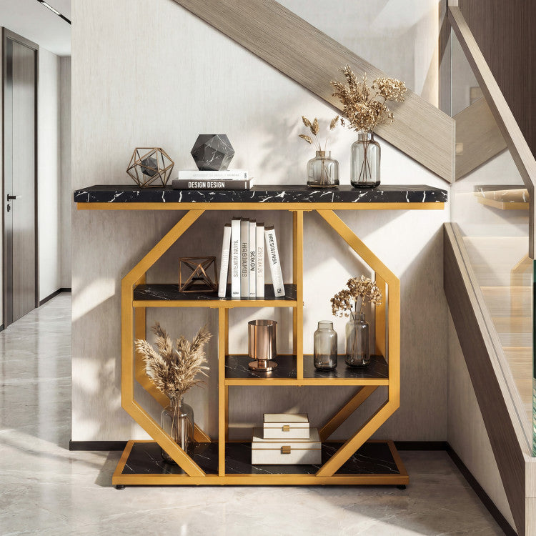 Modern Sofa Table Behind Couch 4-Tier Console Table with Faux Marble Tabletop