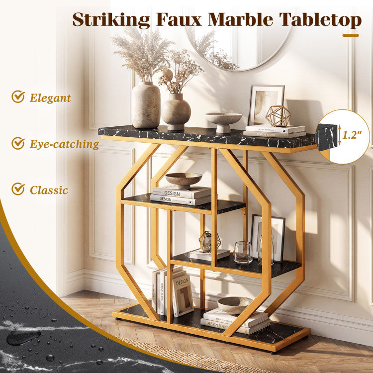 Modern Sofa Table Behind Couch 4-Tier Console Table with Faux Marble Tabletop