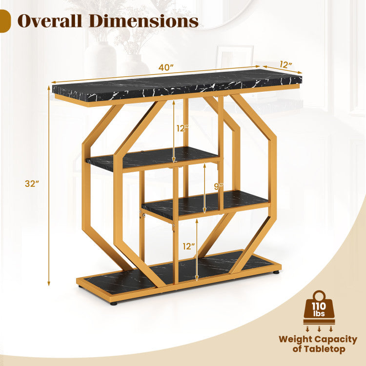 Modern Sofa Table Behind Couch 4-Tier Console Table with Faux Marble Tabletop
