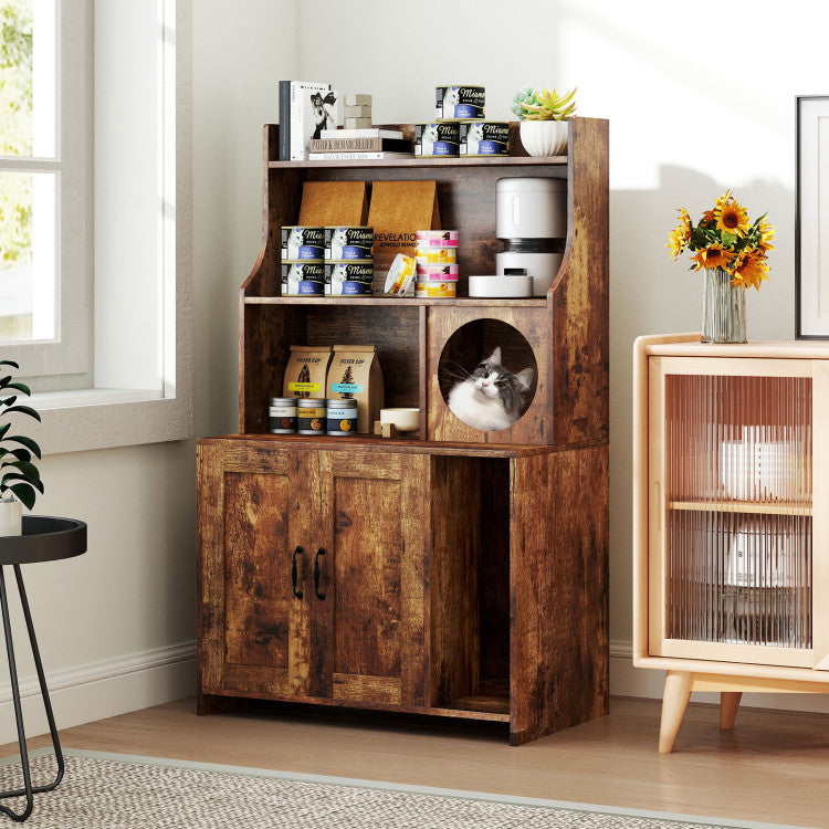 Modern Wooden Industrial Cat Litter Box Enclosure with Storage Shelves