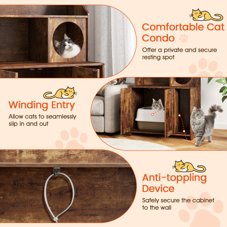 Modern Wooden Industrial Cat Litter Box Enclosure with Storage Shelves