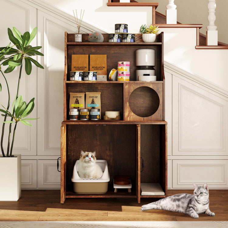 Modern Wooden Industrial Cat Litter Box Enclosure with Storage Shelves