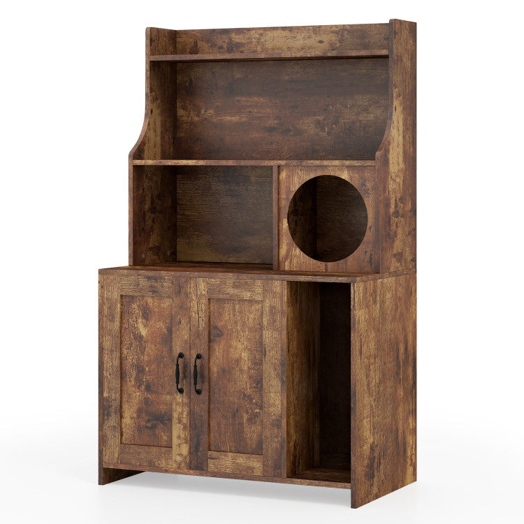 Modern Wooden Industrial Cat Litter Box Enclosure with Storage Shelves