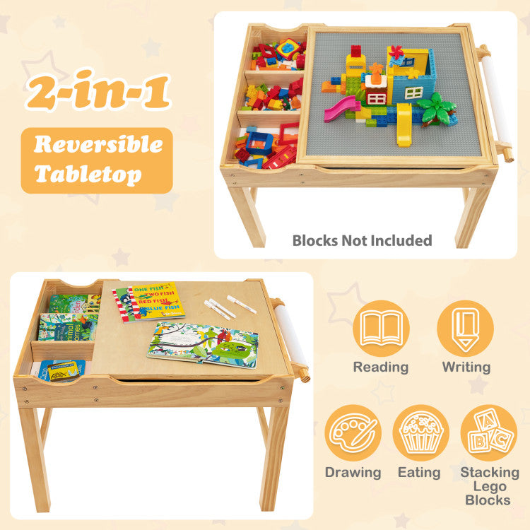 Kids Multi Activity Play Table Wooden Building Block Desk with Storage Paper Roll