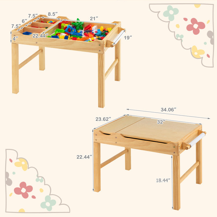 Kids Multi Activity Play Table Wooden Building Block Desk with Storage Paper Roll