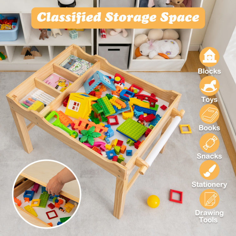 Kids Multi Activity Play Table Wooden Building Block Desk with Storage Paper Roll