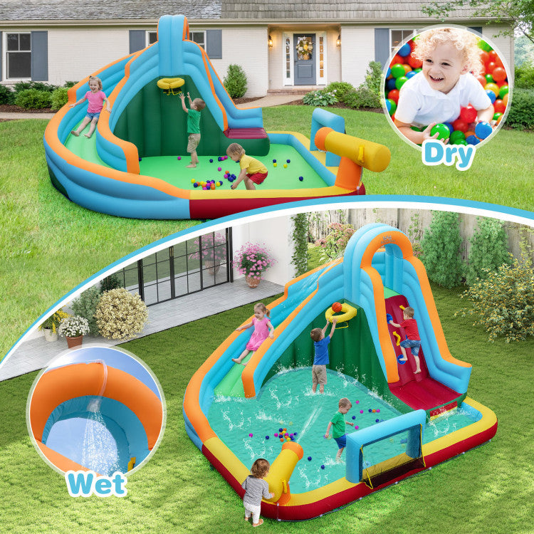 Inflatable Water Slide Park 6-in-1 Giant Bounce House with Long Slide Splash Pool Climbing Wall