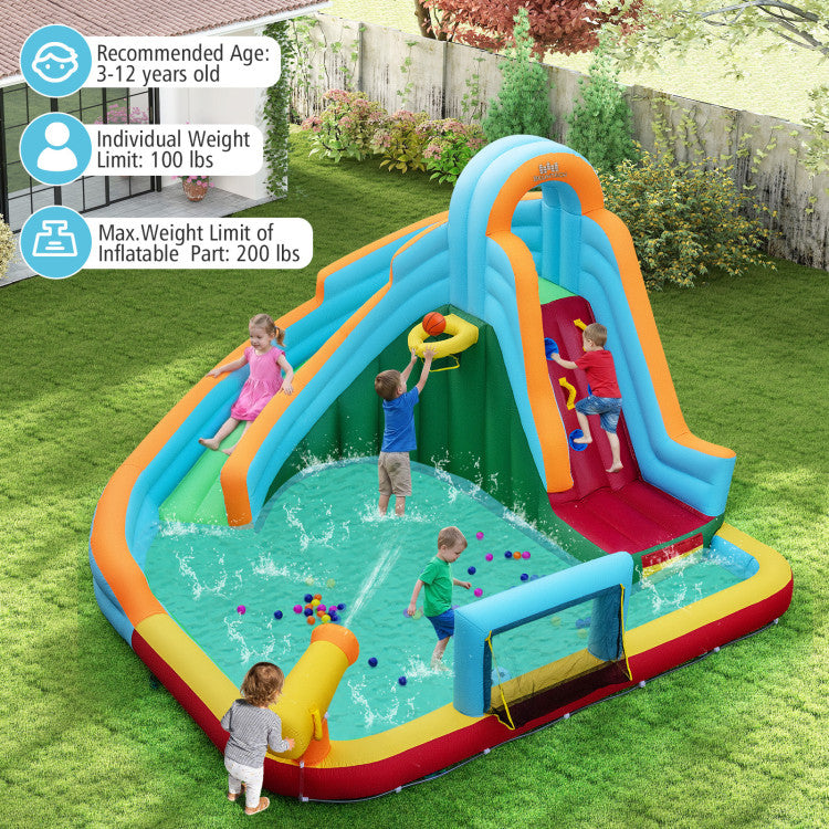 Inflatable Water Slide Park 6-in-1 Giant Bounce House with Long Slide Splash Pool Climbing Wall