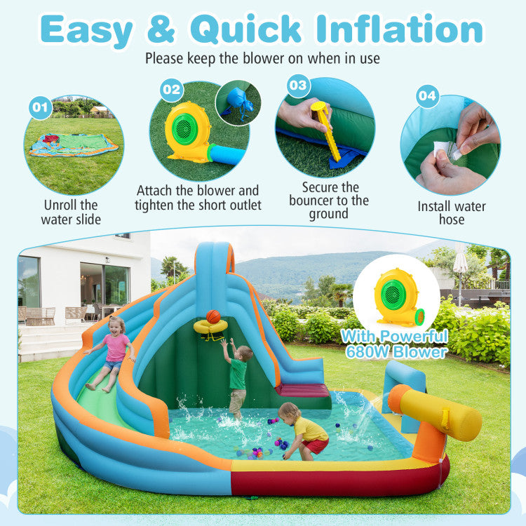 Inflatable Water Slide Park 6-in-1 Giant Bounce House with Long Slide Splash Pool Climbing Wall