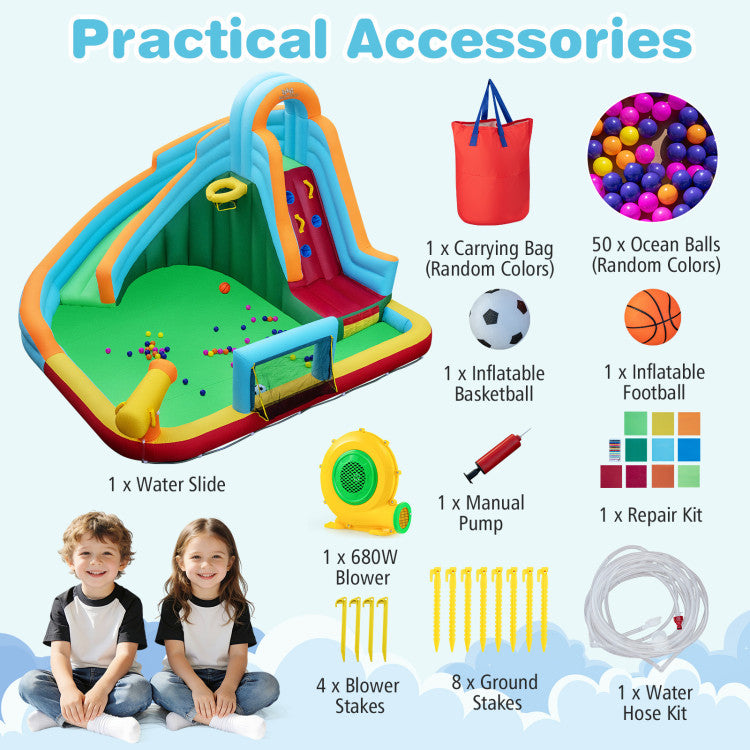 Inflatable Water Slide Park 6-in-1 Giant Bounce House with Long Slide Splash Pool Climbing Wall