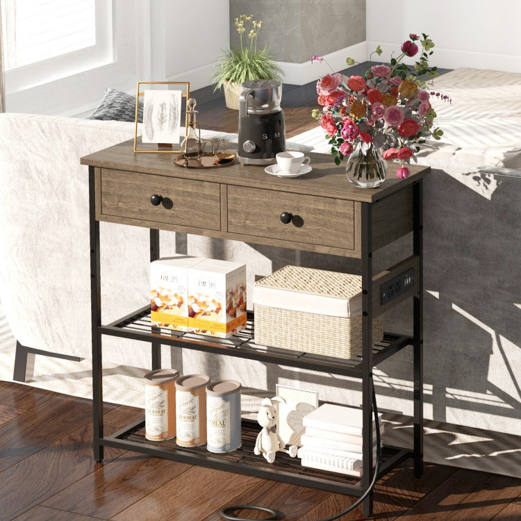 Narrow Console Table with 2 Drawers and 2 Metal Mesh Shelves