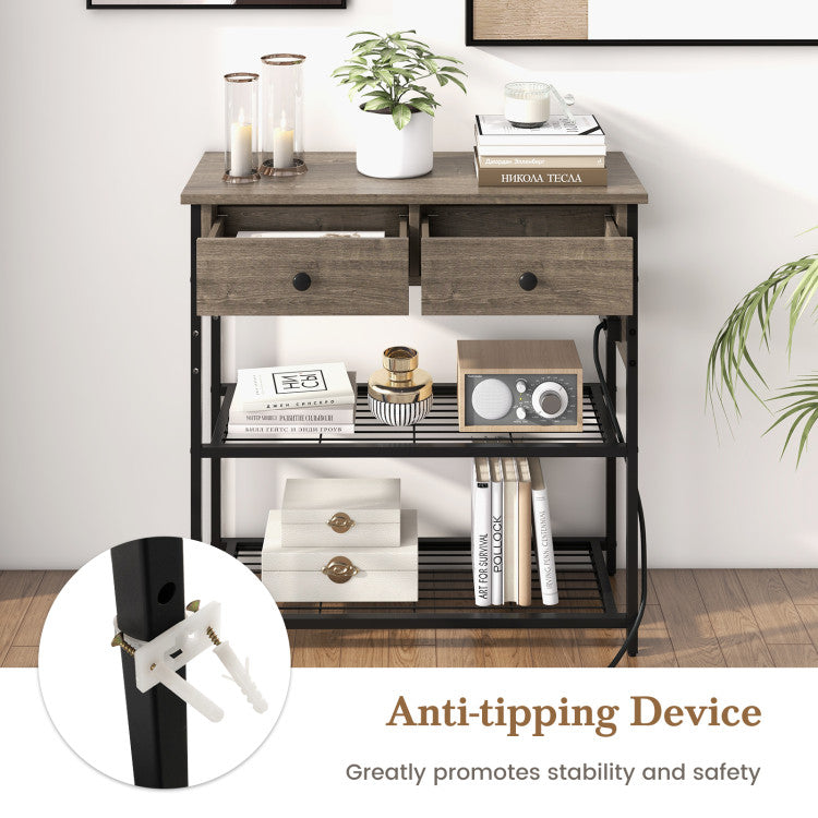 Narrow Console Table with 2 Drawers and 2 Metal Mesh Shelves