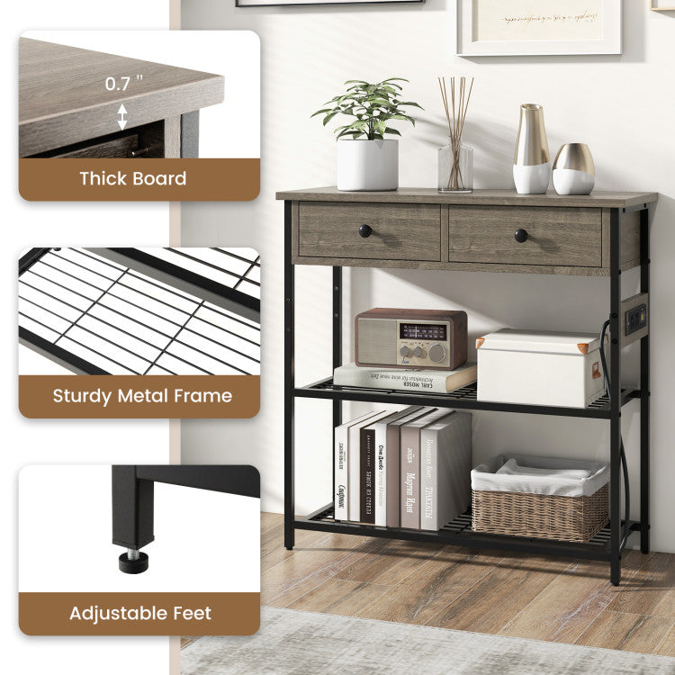 Narrow Console Table with 2 Drawers and 2 Metal Mesh Shelves