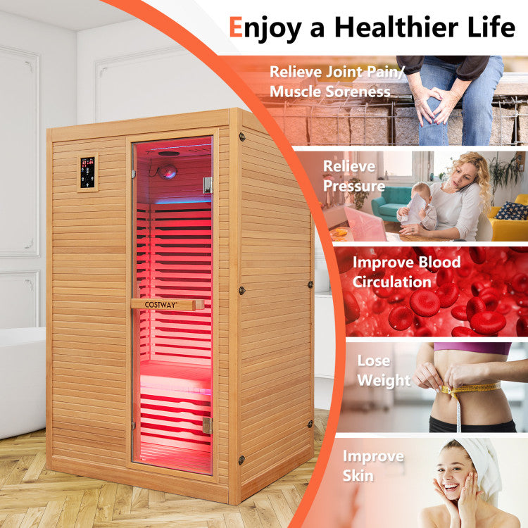 New 2 People Far Infrared Wooden Sauna Room with Free Red Light Therapy for Home