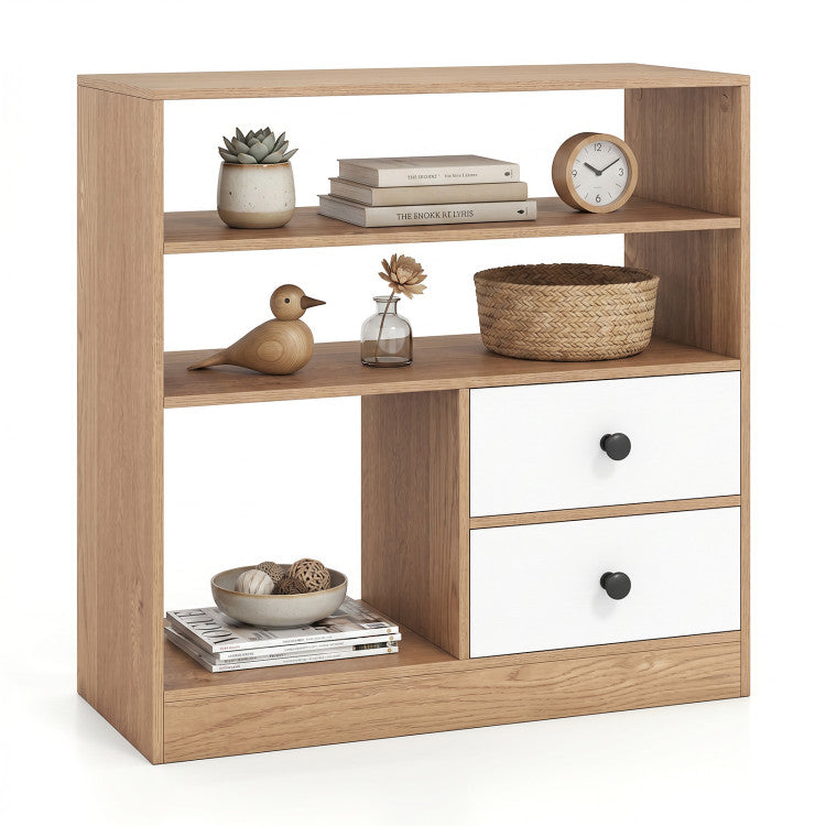 Open Storage Cabinet with 3 Open Compartments and 2 Drawer