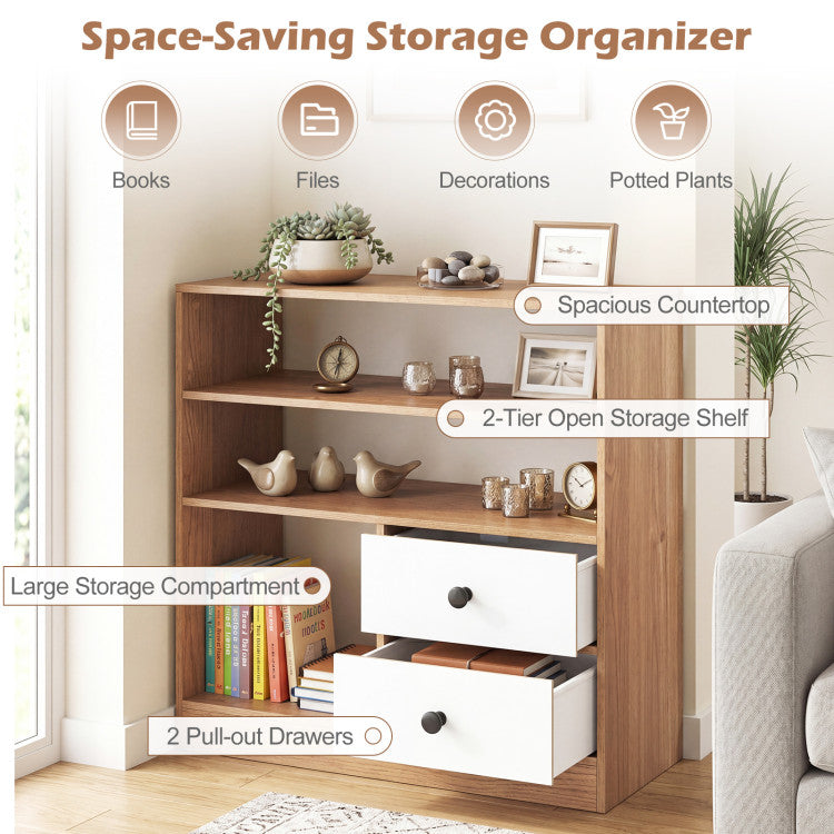 Open Storage Cabinet with 3 Open Compartments and 2 Drawer