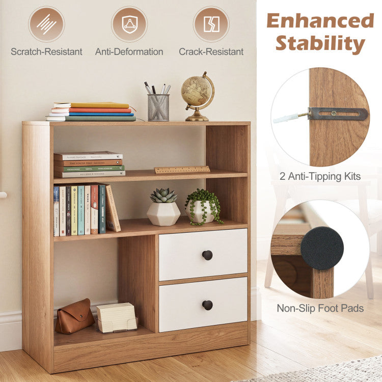 Open Storage Cabinet with 3 Open Compartments and 2 Drawer