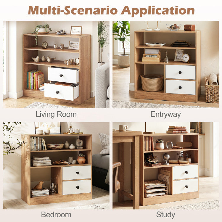 Open Storage Cabinet with 3 Open Compartments and 2 Drawer