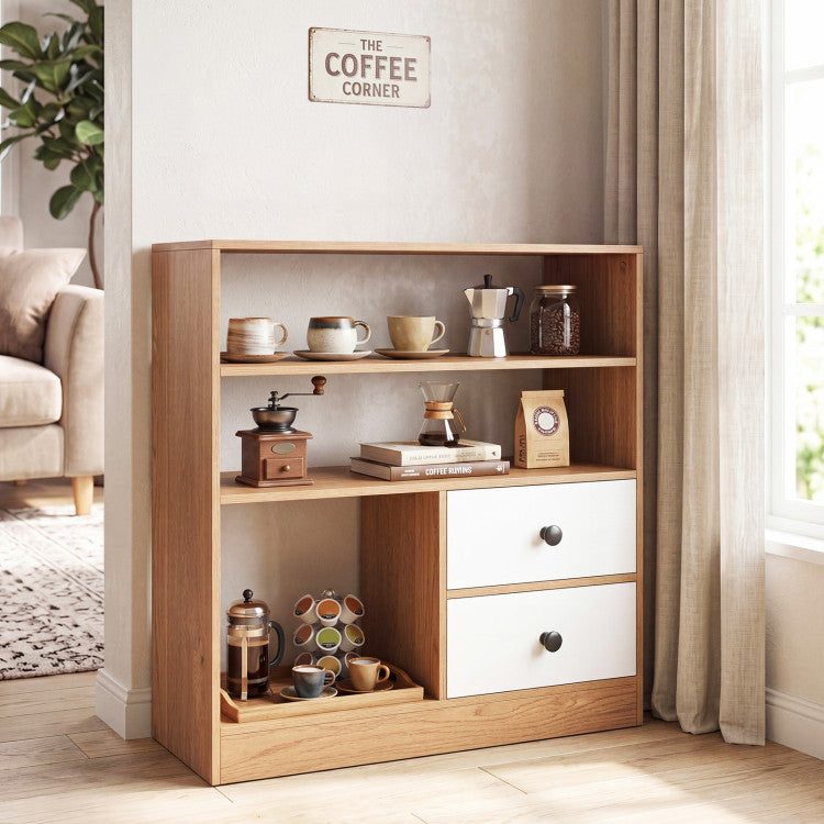 Open Storage Cabinet with 3 Open Compartments and 2 Drawer
