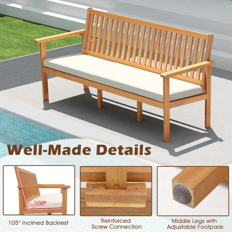 Outdoor 3-Seat Wood Bench with Seat Cushion and Slatted Seat