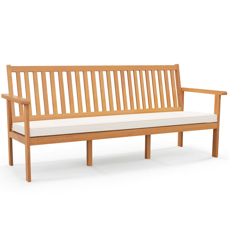 Outdoor 3-Seat Wood Bench with Seat Cushion and Slatted Seat