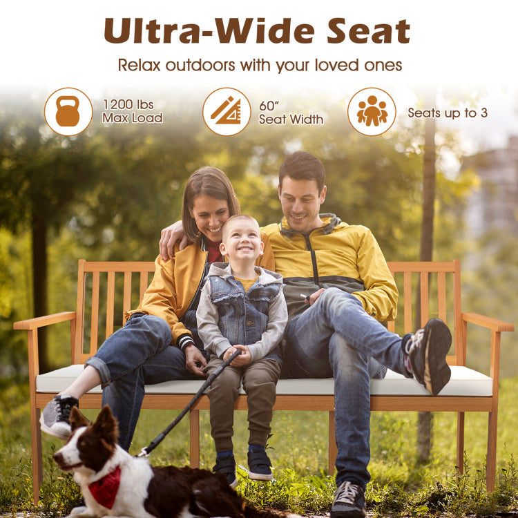 Outdoor 3-Seat Wood Bench with Seat Cushion and Slatted Seat