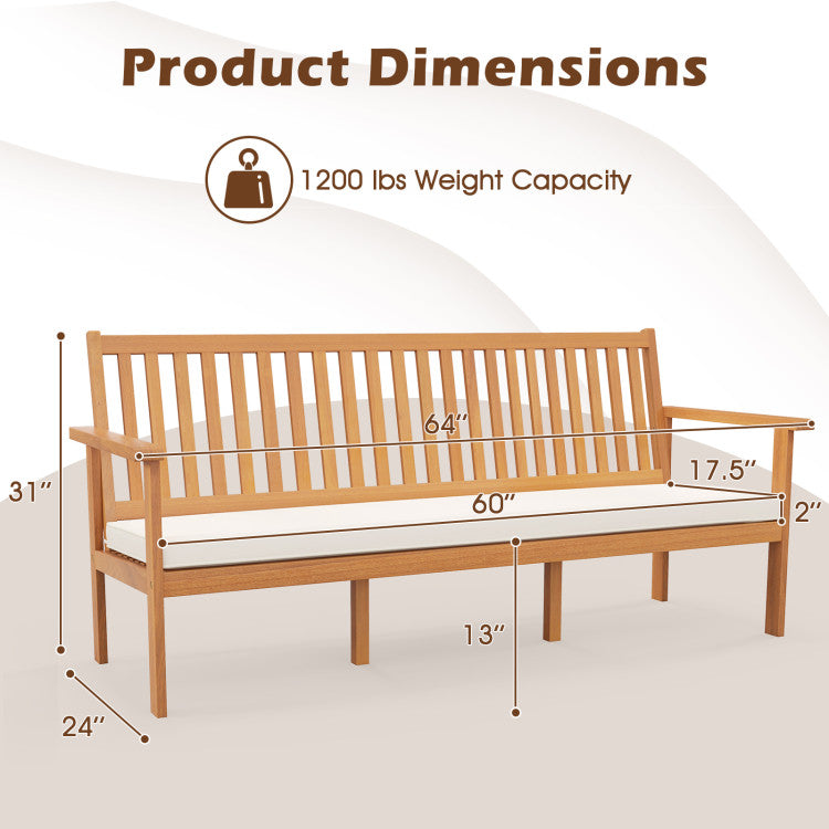 Outdoor 3-Seat Wood Bench with Seat Cushion and Slatted Seat