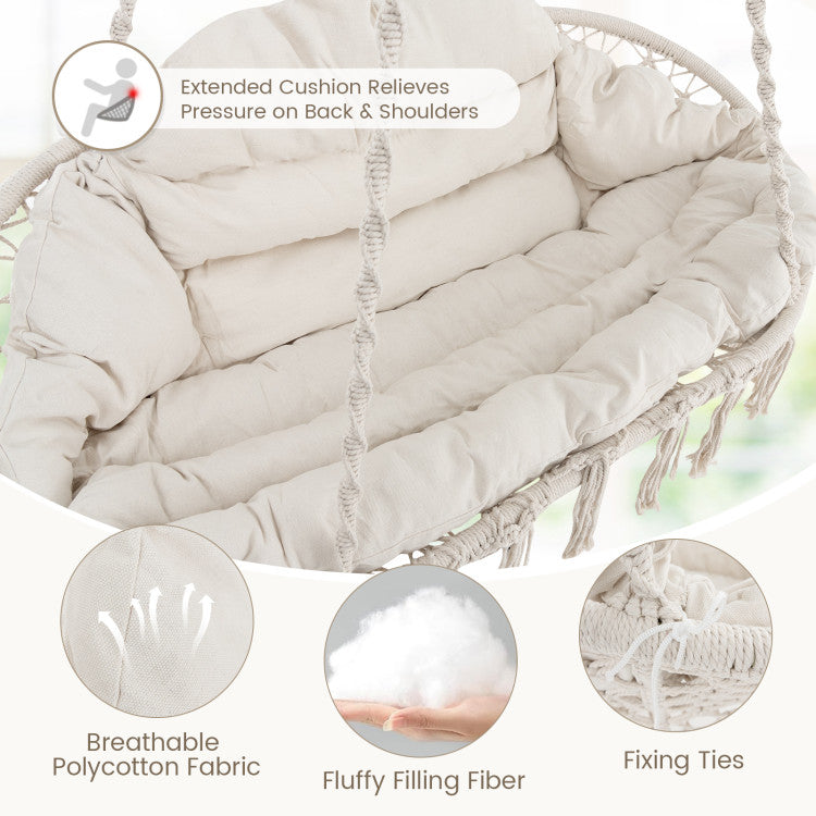 Hand-Woven Rope Hanging Chair with Thick Cushion and Folding Metal Frame