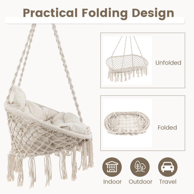Hand-Woven Rope Hanging Chair with Thick Cushion and Folding Metal Frame