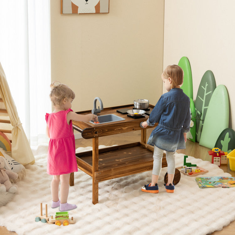 Outdoor Movable Mud Kitchen with 2 Rolling Wheels and 1 Push Handle