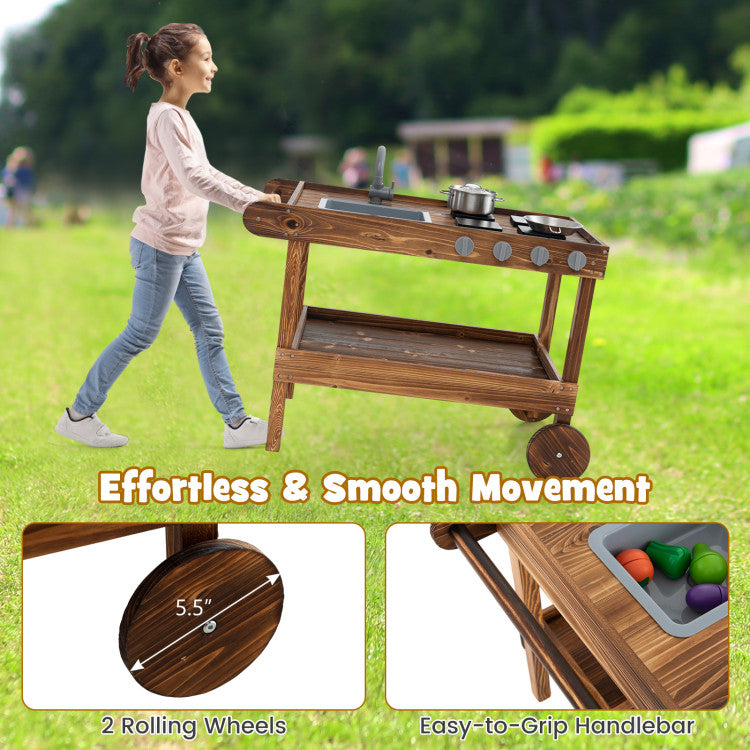 Outdoor Movable Mud Kitchen with 2 Rolling Wheels and 1 Push Handle