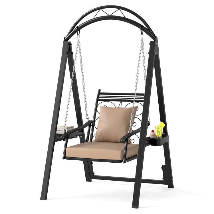 Outdoor Porch Swing with Removable Cushions and Side Tables for Garden Balcony