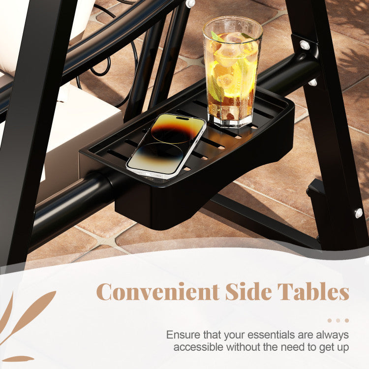 Outdoor Porch Swing with Removable Cushions and Side Tables for Garden Balcony
