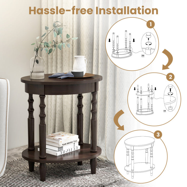 2-Tier Oval Side Table with Storage Shelf and Solid Wood Legs