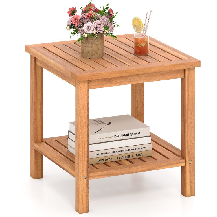 Patio Acacia Wood Side Table Set of 2 with Slatted Tabletop and Storage Shelf