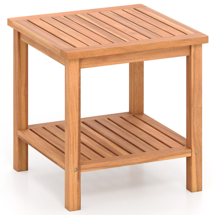 Patio Acacia Wood Side Table Set of 2 with Slatted Tabletop and Storage Shelf